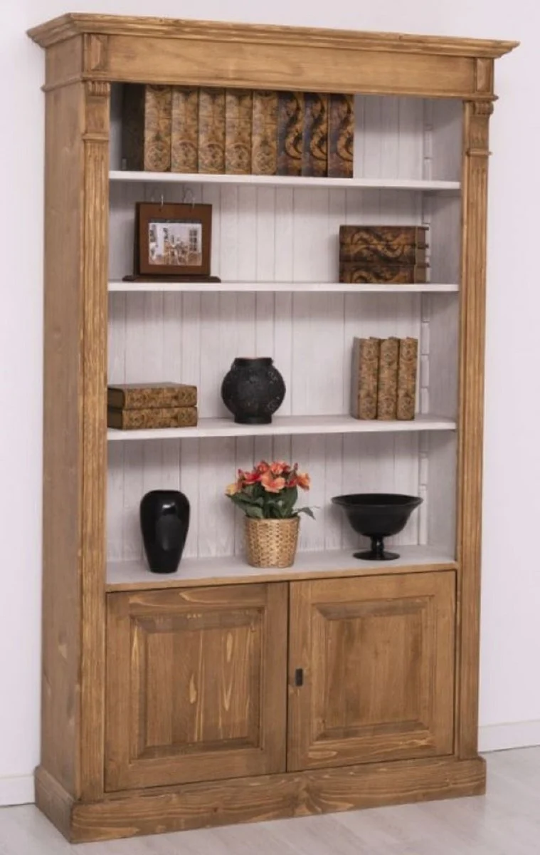 Casa Padrino Landhausstil Bücherschrank Braun / Grau 120 x 39 x H. 197 cm - Massivholz Schrank - Wohnzimmerschrank - Büroschrank - Landhausstil Möbel