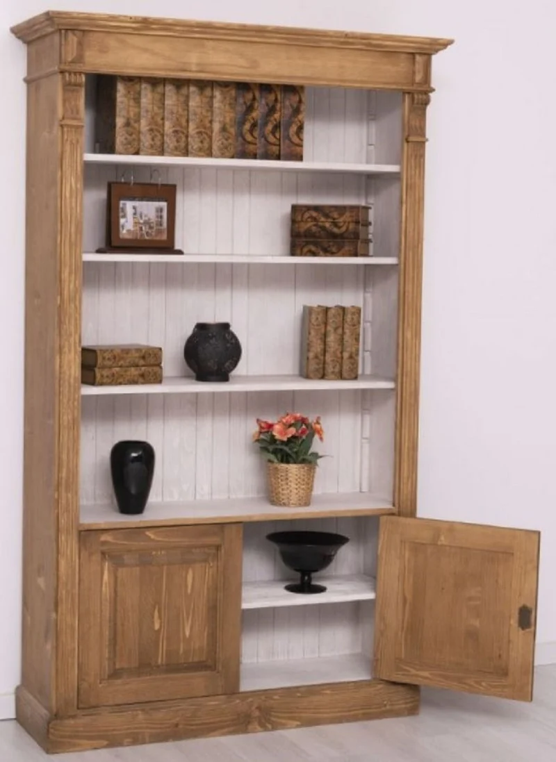 Casa Padrino Landhausstil Bücherschrank Braun / Grau 120 x 39 x H. 197 cm - Massivholz Schrank - Wohnzimmerschrank - Büroschrank - Landhausstil Möbel