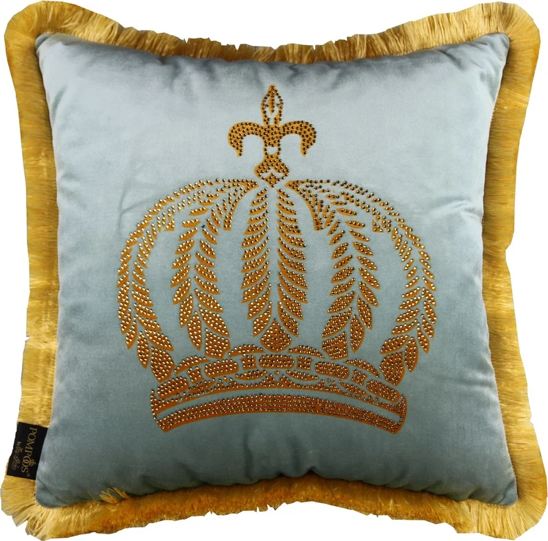 Casa Padrino Luxus Dekokissen Pompöös by Harald Glööckler Helltürkis / Gold mit Krone und Strass 50 x 50 cm