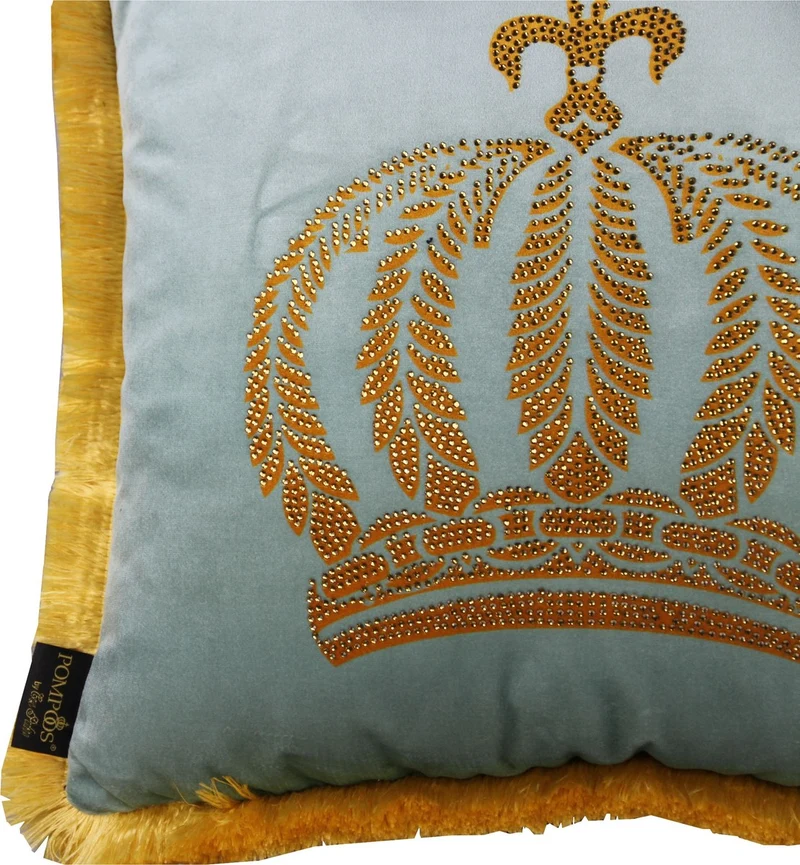 Casa Padrino Luxus Dekokissen Pompöös by Harald Glööckler Helltürkis / Gold mit Krone und Strass 50 x 50 cm