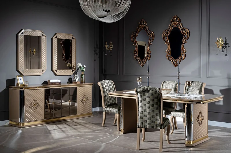 Casa Padrino Luxus Art Deco Esszimmer Set Beige / Gold - 1 Esstisch & 6 Esszimmerstühle - Handgefertigte Art Deco Esszimmer Möbel