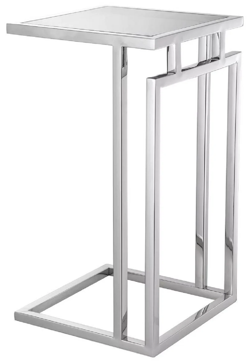 Casa Padrino Luxus Beistelltisch Silber / Grau 33 x 33 x H. 60 cm - Edelstahl Tisch mit Glasplatte - Wohnzimmer Möbel - Luxus Möbel - Luxus Einrichtung - Luxus Interior