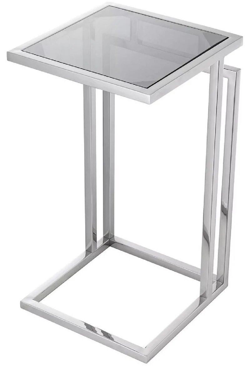 Casa Padrino Luxus Beistelltisch Silber / Grau 33 x 33 x H. 60 cm - Edelstahl Tisch mit Glasplatte - Wohnzimmer Möbel - Luxus Möbel - Luxus Einrichtung - Luxus Interior