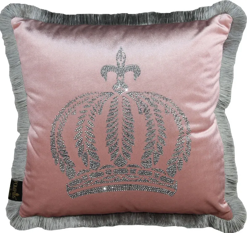 Casa Padrino Luxus Dekokissen Harald Glööckler Pompöös Hellrosa / Silber mit Krone und Strass Steinen 50 x 50 cm
