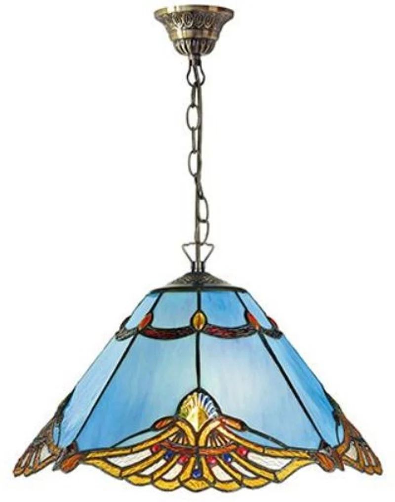 Casa Padrino Tiffany Hängeleuchte im Jugendstil Blau / Mehrfarbig Ø 40 x H. 92 cm - Handgefertigte Pendelleuchte aus Glas und Metall