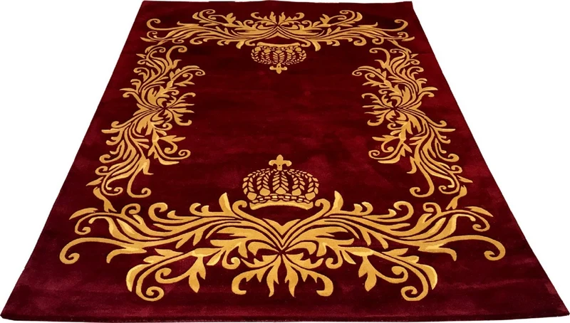 Pompöös by Casa Padrino Luxus Teppich von Harald Glööckler 80 x 150 cm Krone Bordeauxrot / Gold - Barock Design Teppich - Handgewebt aus Wolle
