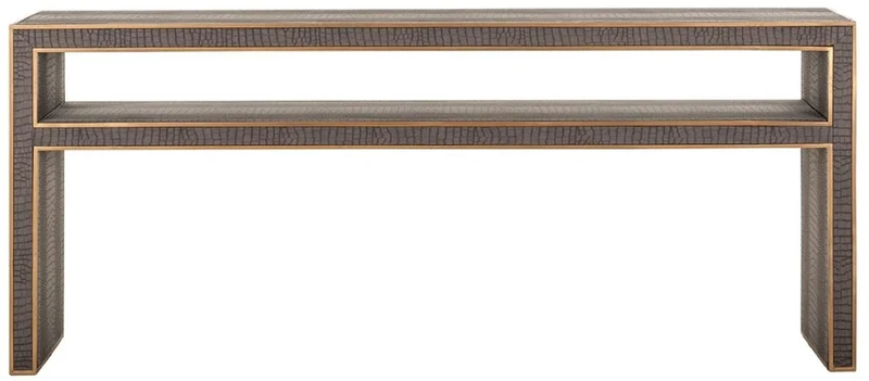 Casa Padrino Luxus Konsole Grau / Messing 180 x 40 x H. 75 cm - Rechteckiger Metall Konsolentisch mit Kunstleder - Wohnzimmer Möbel - Hotel Möbel - Luxus Möbel - Luxus Einrichtung