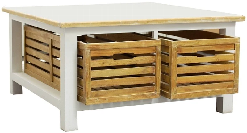 Casa Padrino Landhausstil Couchtisch quadratisch Weiß / Naturfarben 90 x 90 x H. 47 cm mit 2 Holzkörben