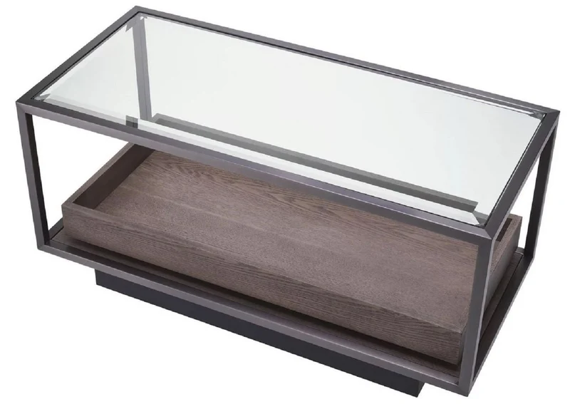 Casa Padrino Luxus Beistelltisch Bronze / Grau 90 x 42 x H. 44 cm - Rechteckiger Tisch mit Glasplatte und edlem Furnier - Wohnzimmer Möbel - Luxus Möbel - Luxus Einrichtung