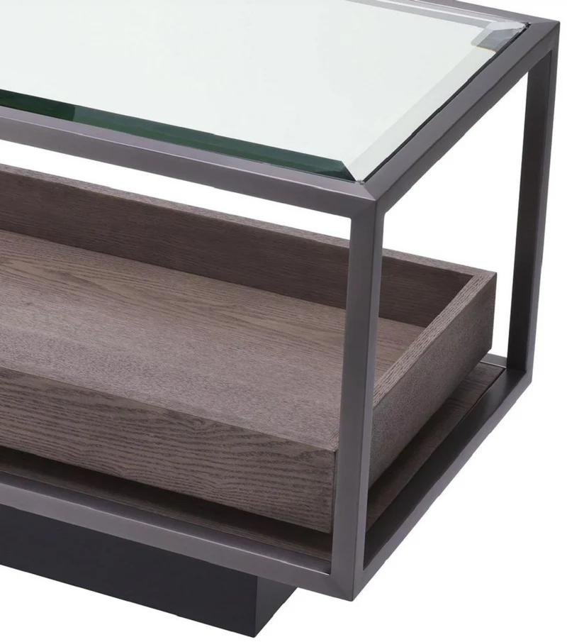 Casa Padrino Luxus Beistelltisch Bronze / Grau 90 x 42 x H. 44 cm - Rechteckiger Tisch mit Glasplatte und edlem Furnier - Wohnzimmer Möbel - Luxus Möbel - Luxus Einrichtung