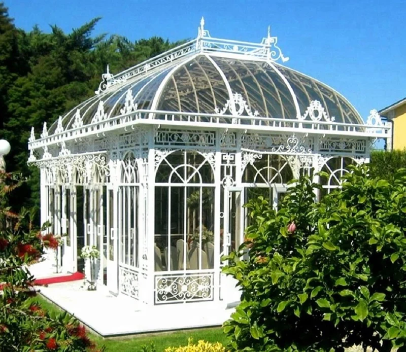 Casa Padrino Luxus Jugendstil Gartenhaus Weiß 856 x 456 x H. 516 cm - Schmiedeeisen Garten Pavillon - Gewächshaus - Edel & Prunkvoll
