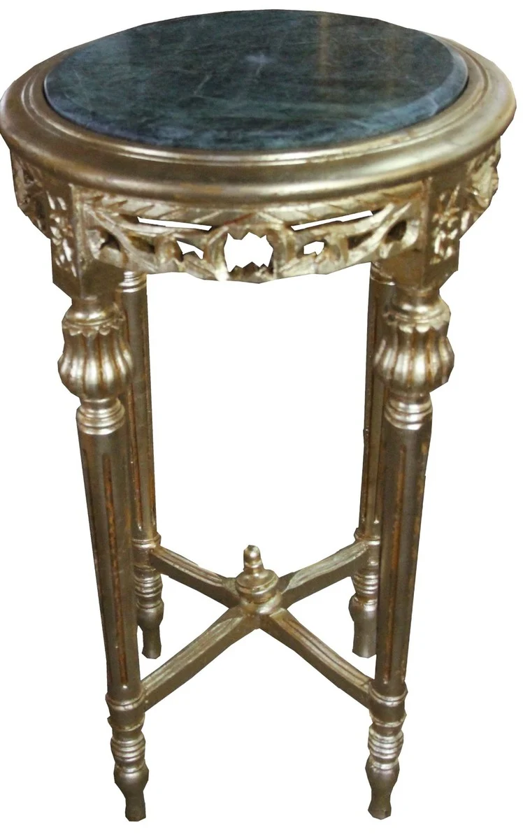 Casa Padrino Barock Beistelltisch Rund Gold mit Grüne Marmorplatte 37 cm x H. 70 cm Antik Stil - Massivholz