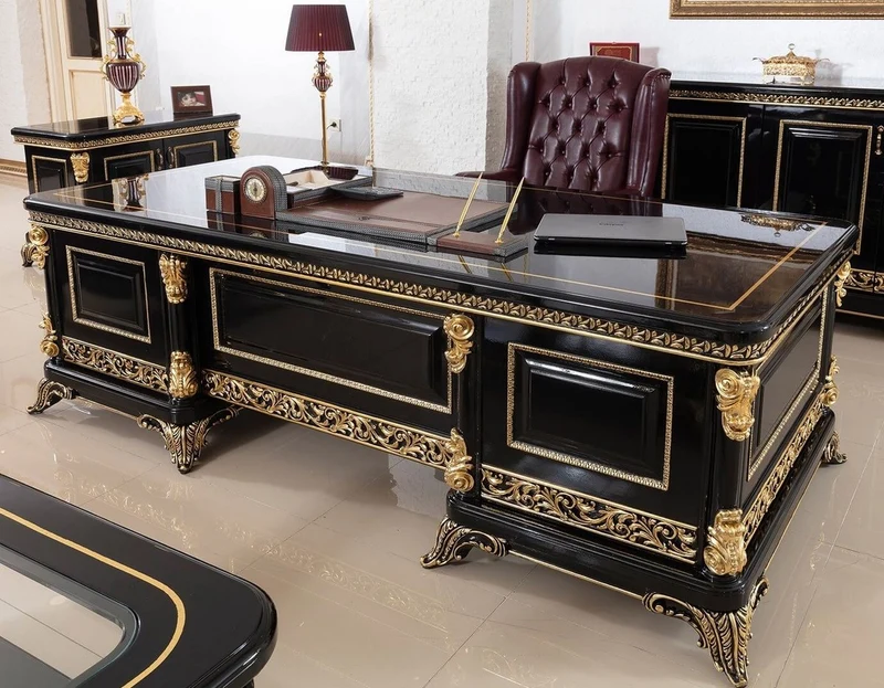 Casa Padrino Luxus Barock Büromöbel Set Bordeauxrot / Schwarz / Gold - 1 Barock Schreibtisch & 1 Barock Chesterfield Bürostuhl mit edlem Kunstleder - Prunkvolle Barock Büromöbel