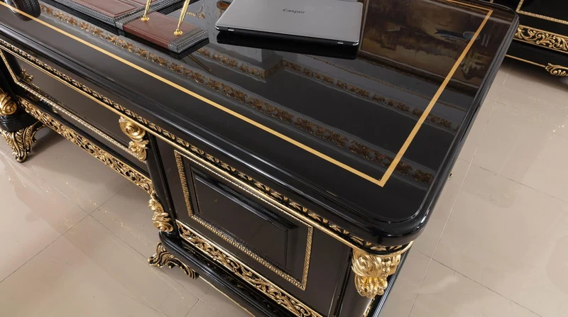 Casa Padrino Luxus Barock Büromöbel Set Bordeauxrot / Schwarz / Gold - 1 Barock Schreibtisch & 1 Barock Chesterfield Bürostuhl mit edlem Kunstleder - Prunkvolle Barock Büromöbel
