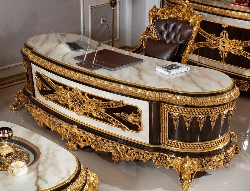 Casa Padrino Luxus Barock Büromöbel Set Weiß / Dunkelbraun / Gold - 1 Barock Schreibtisch mit Marmoroptik & 1 Barock Bürostuhl mit edlem Kunstleder - Prunkvolle Barock Büromöbel