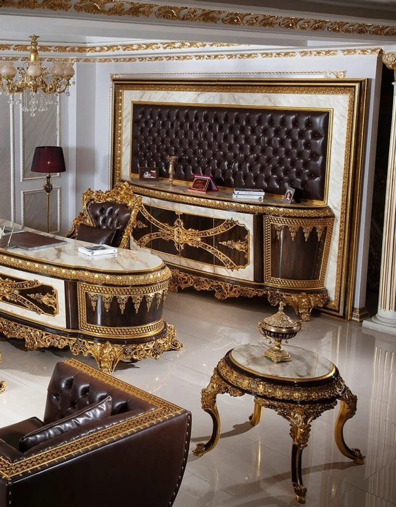 Casa Padrino Luxus Barock Büromöbel Set Weiß / Dunkelbraun / Gold - 1 Barock Schreibtisch mit Marmoroptik & 1 Barock Bürostuhl mit edlem Kunstleder - Prunkvolle Barock Büromöbel