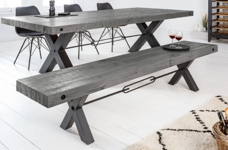 Casa Padrino Industrial Design Sitzbank Grau / Schwarz 200 x 40 x H. 45 cm - Massivholz Bank mit pulverbeschichteten Metall Gestell - Industrial Design Möbel