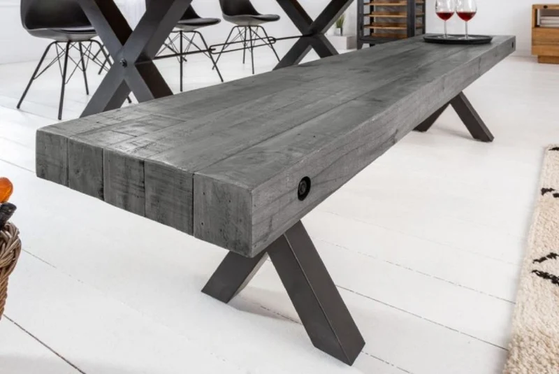 Casa Padrino Industrial Design Sitzbank Grau / Schwarz 200 x 40 x H. 45 cm - Massivholz Bank mit pulverbeschichteten Metall Gestell - Industrial Design Möbel