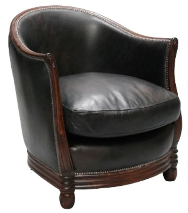 Casa Padrino Luxus Sessel im englischen Stil Schwarz / Dunkelbraun 65 x 74 x H. 74 cm - Echtleder Wohnzimmermöbel