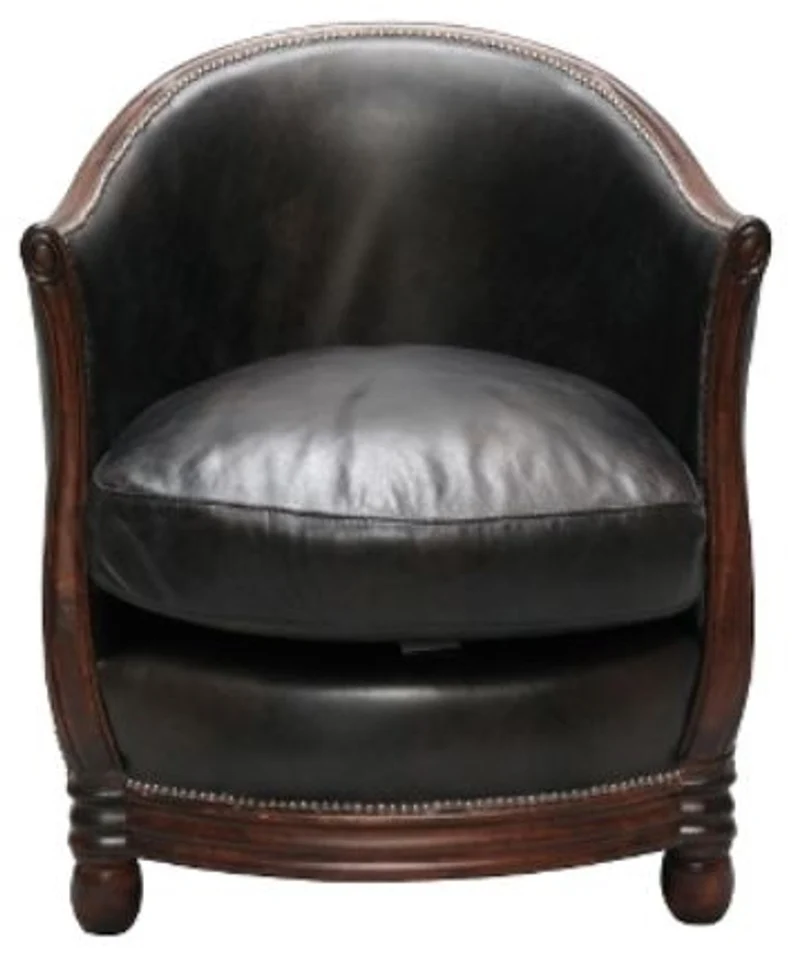 Casa Padrino Luxus Sessel im englischen Stil Schwarz / Dunkelbraun 65 x 74 x H. 74 cm - Echtleder Wohnzimmermöbel