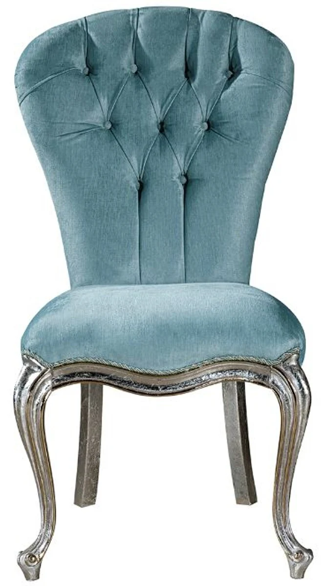 Casa Padrino Luxus Barock Esszimmer Set Hellblau / Silber - 1 Esstisch & 6 Esszimmerstühle - Barock Esszimmer Möbel - Edel & Prunkvoll