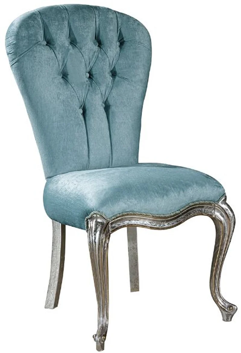 Casa Padrino Luxus Barock Esszimmer Set Hellblau / Silber - 1 Esstisch & 6 Esszimmerstühle - Barock Esszimmer Möbel - Edel & Prunkvoll