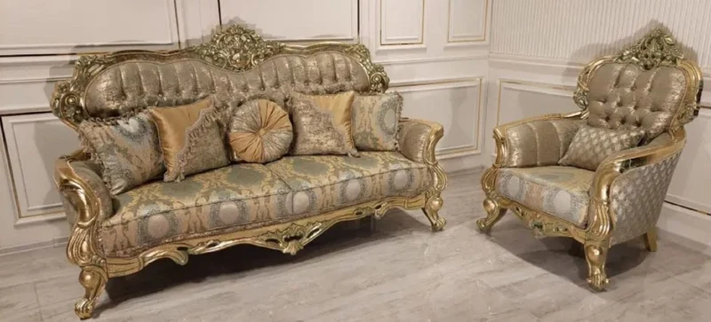Casa Padrino Luxus Barock Sofa Gold / Grün / Gold - Prunkvolles Wohnzimmer Sofa mit elegantem Muster - Barock Wohnzimmer Möbel