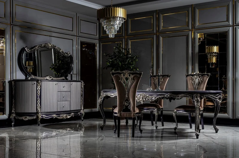 Casa Padrino Luxus Barock Esszimmer Set Weiß / Lila / Gold - 1 Esstisch & 6 Esszimmerstühle - Prunkvolle Barock Esszimmer Möbel