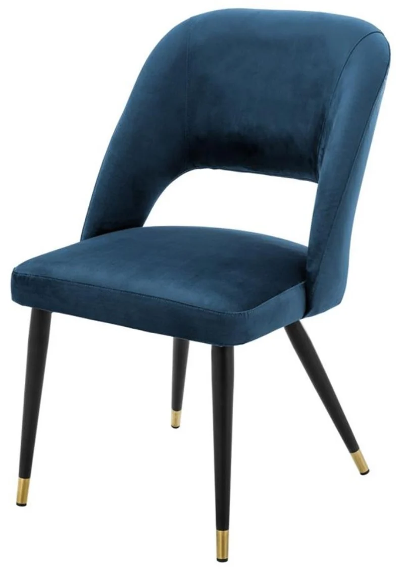 Casa Padrino Luxus Esszimmerstuhl in Blau und Schwarz mit Messing Akzenten 52 x 58 x H. 85 cm