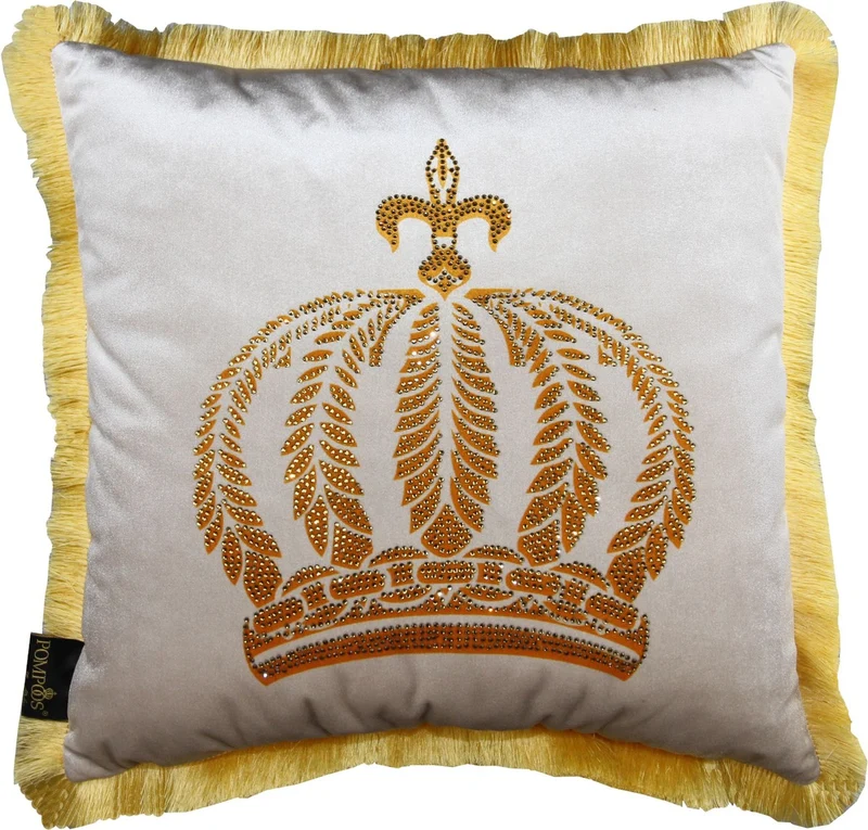Casa Padrino Luxus Dekokissen Pompöös by Harald Glööckler Creme / Gold mit Krone und Strass Steinen 50 x 50 cm