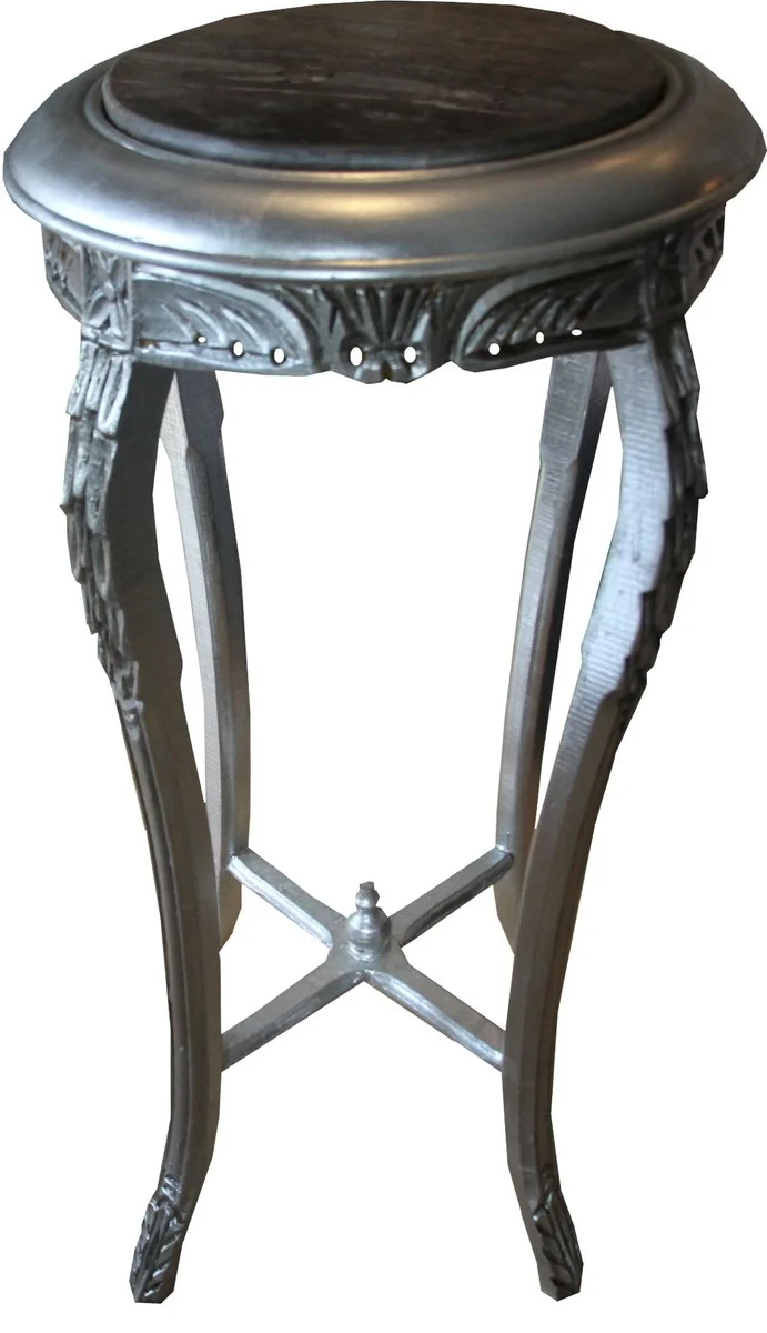Casa Padrino Barock Beistelltisch Rund Silber / Schwarz mit Marmorplatte 42 cm x H. 92 cm Antik Stil