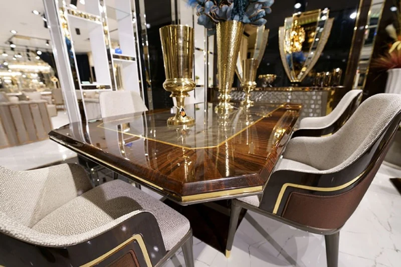 Casa Padrino Luxus Esszimmer Set Grau / Braun / Gold - 1 Esstisch & 6 Esszimmerstühle - Luxus Esszimmer Möbel - Luxus Qualität