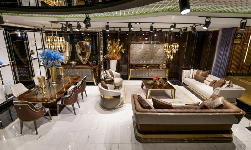 Casa Padrino Luxus Esszimmer Set Grau / Braun / Gold - 1 Esstisch & 6 Esszimmerstühle - Luxus Esszimmer Möbel - Luxus Qualität