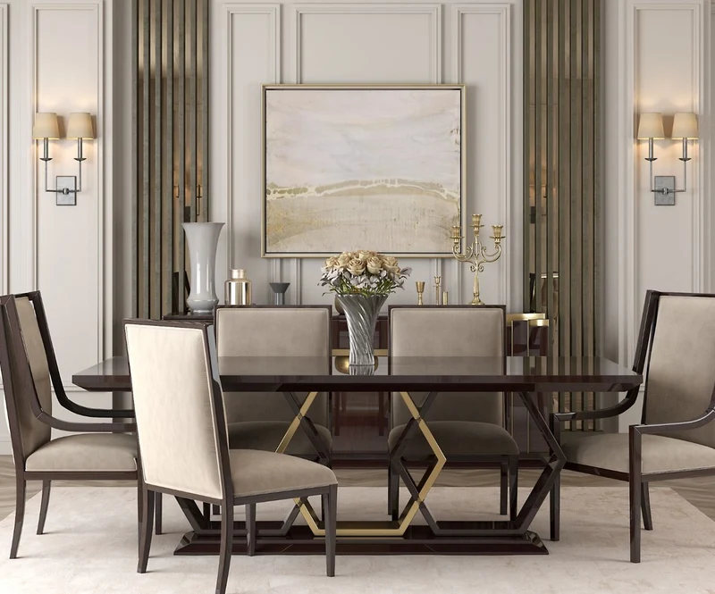 Casa Padrino Luxus Art Deco Esszimmer Set Beige / Dunkelbraun Hochglanz / Gold - 1 Esszimmertisch & 6 Esszimmerstühle - Art Deco Esszimmer Möbel - Luxus Qualität