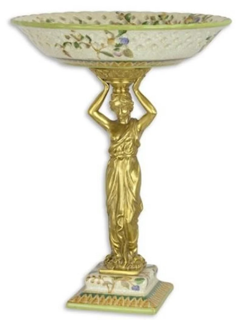 Casa Padrino Luxus Barock Porzellan Schale auf Sockel, weiß / grün / bronze, Höhe 34 cm