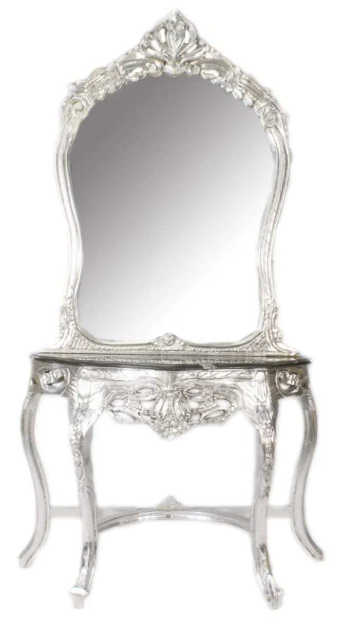Casa Padrino Barock Spiegelkonsole im Antik Stil, Silber mit schwarzer Marmorplatte, 95 x 40 x H. 190 cm