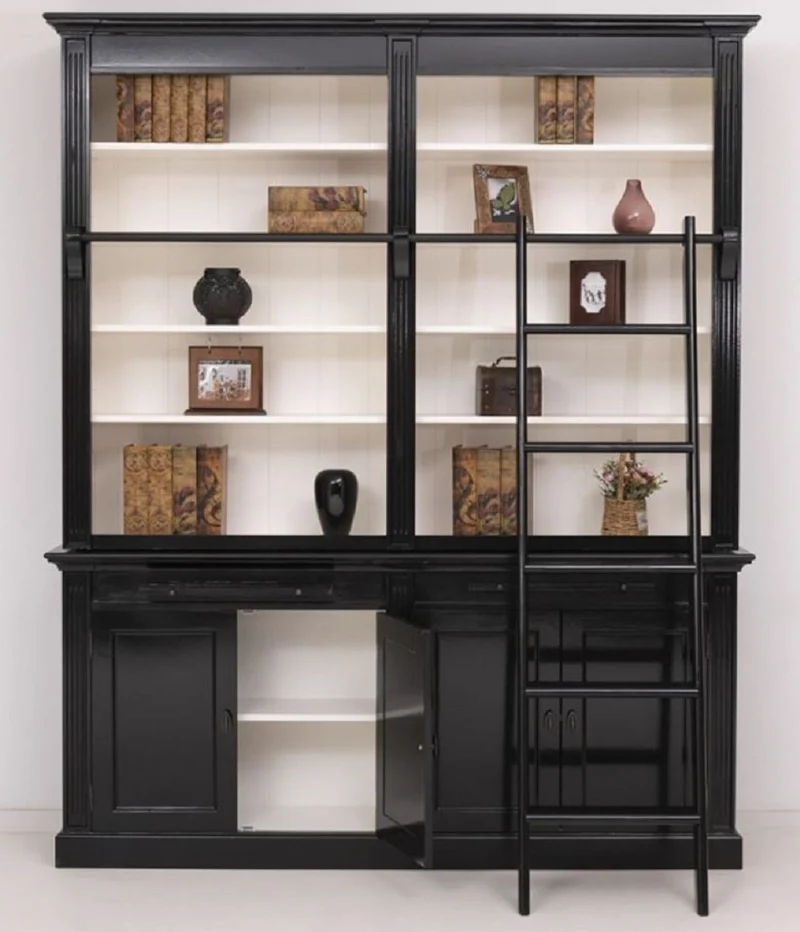 Casa Padrino Landhausstil Bücherschrank mit Leiter Schwarz / Weiß 200 x 40 x H. 240 cm - Massivholz Schrank - Wohnzimmerschrank - Regalschrank - Büroschrank - Landhausstil Möbel