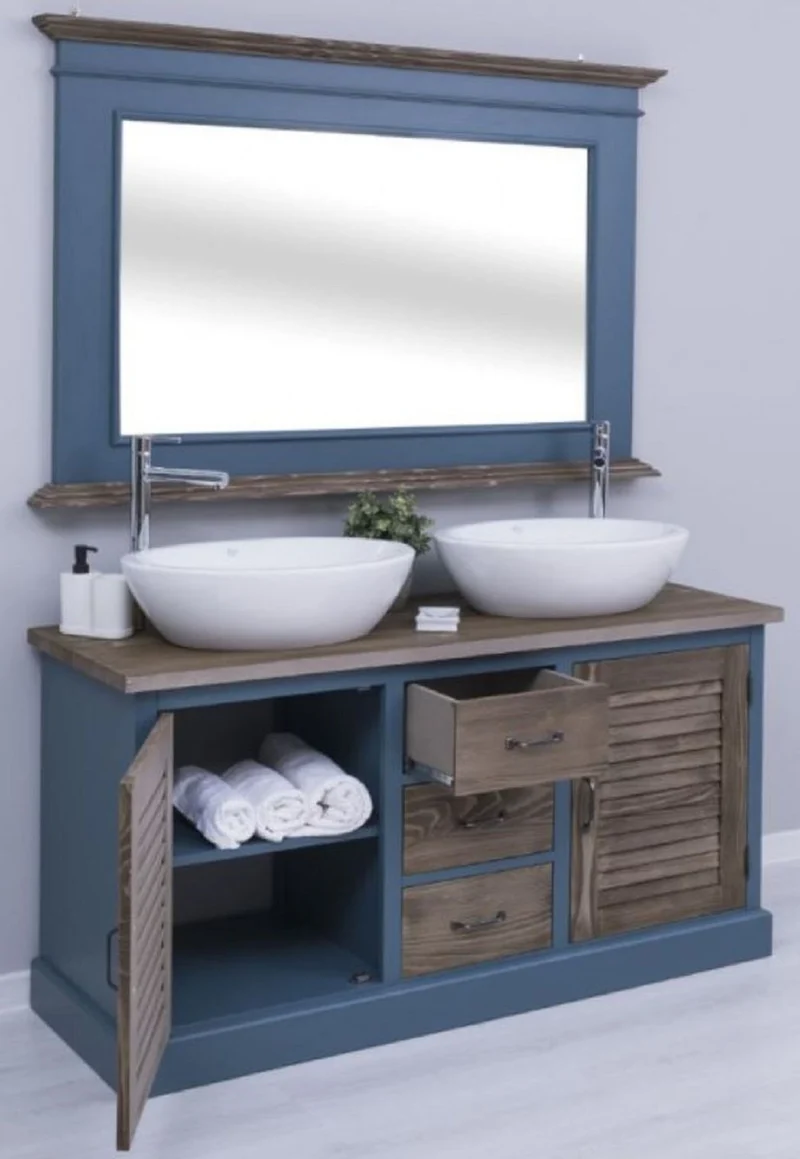 Casa Padrino Landhausstil Badezimmer Set Blau / Dunkelbraun - 1 Doppelwaschtisch & 2 Waschbecken & 2 Wasserhähne & 1 Wandspiegel - Massivholz Badezimmermöbel im Landhausstil