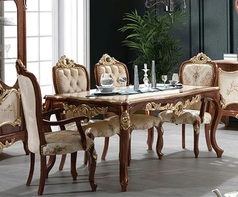 Casa Padrino Luxus Barock Esszimmer Set Cremefarben / Braun / Gold - 1 Barock Esstisch & 6 Barock Esszimmerstühle - Esszimmer Möbel im Barockstil - Edel & Prunkvoll