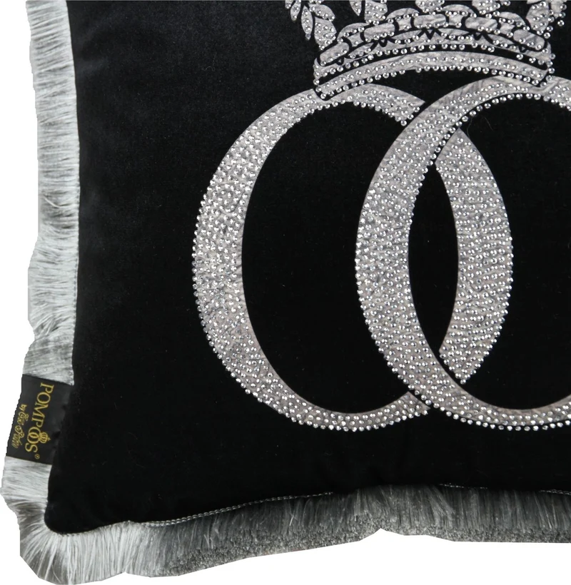 Casa Padrino Harald Glööckler Luxus Deko Kissen Pompöös Schwarz Silber mit Krone und Strass 50 x 50 cm