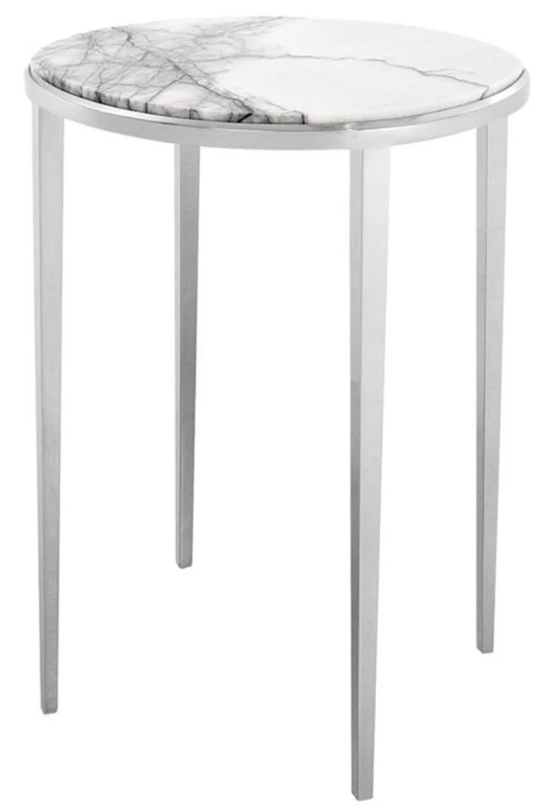 Casa Padrino Luxus Beistelltisch in silber mit weißer Marmorplatte Ø 37,5 x H. 58 cm - Wohnzimmermöbel