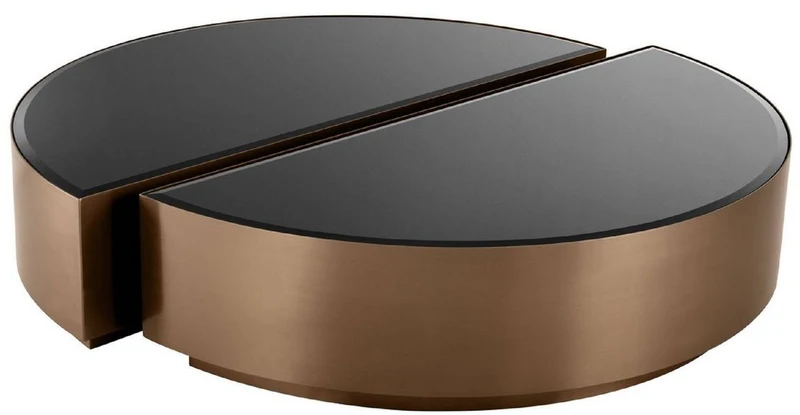 Casa Padrino Luxus Couchtisch Set Kupferfarben / Schwarz - 2 halbkreisförmige Edelstahl Wohnzimmertische mit abgeschrägten Glasplatten - Luxus Wohnzimmer Möbel