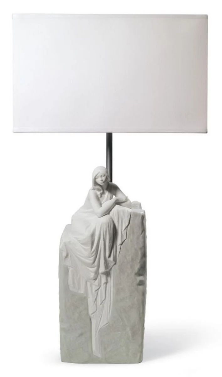 Casa Padrino Luxus Tischleuchte Grau / Weiß 30 x 20 x H. 57 cm - Designer Tischlampe mit hangefertigter Porzellan Skulptur einer meditierender Frau Mod1