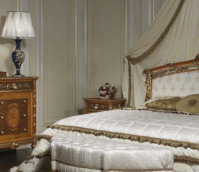Casa Padrino Luxus Barock Schlafzimmer Set Weiß / Braun / Gold - Doppelbett mit Baldachin, 2 Nachttische & Sitzbank - Made in Italy