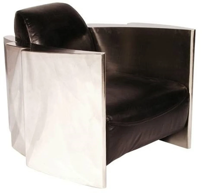 Casa Padrino Echtleder Club Sessel Vintage Schwarz / Silber, 68 x 89 x H. 73 cm
