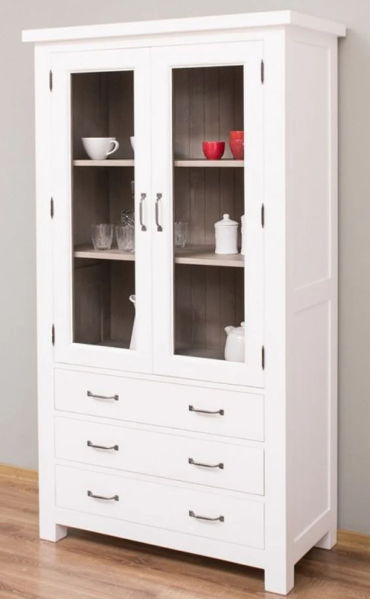 Casa Padrino Landhausstil Küchenschrank Weiß / Grau 100 x 50 x H. 180 cm - Massivholz Vitrinenschrank mit 2 Glastüren und 3 Schubladen - Landhausstil Küchen Möbel