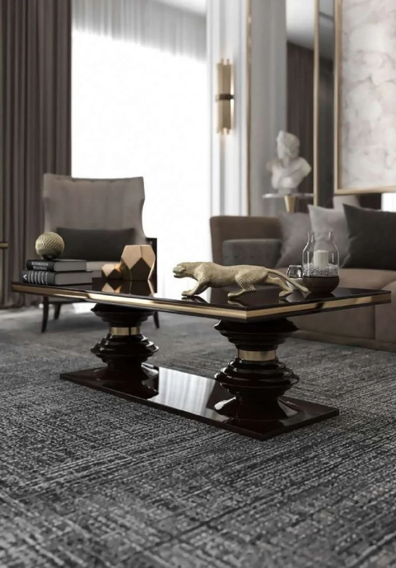 Casa Padrino Luxus Art Deco Couchtisch Dunkelbraun Hochglanz / Gold - Handgefertigter Wohnzimmertisch - Massivholz Tisch - Luxus Qualität - Art Deco Möbel