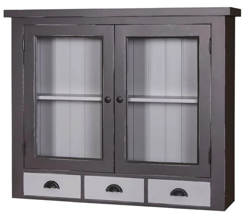 Casa Padrino Landhausstil Küchenhängeschrank Antik Grau / Hellgrau 192 x 31 x H. 65 cm - Landhausstil Küchenschrank mit 2 Glastüren und 3 Schubladen