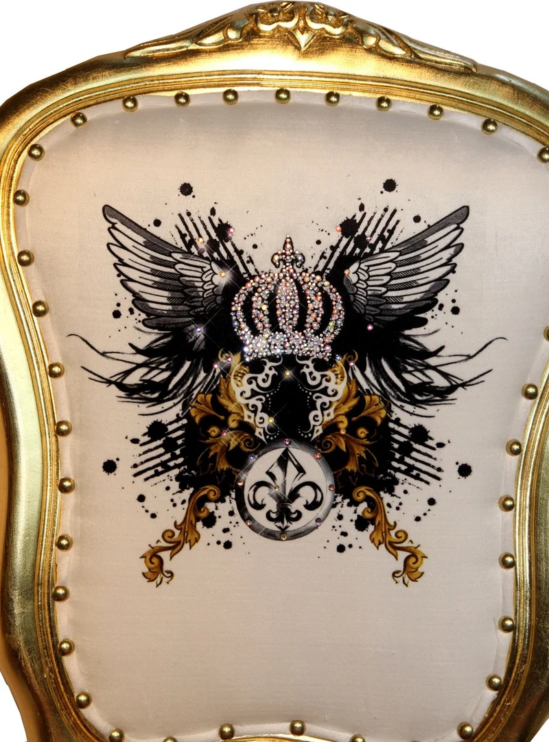 Casa Padrino Luxus Barock Esszimmer Stuhl Pompöös von Harald Glööckler Leopard / Weiß / Gold mit Glitzerkrone & Engelsflügeln - 50 x 60 x 104 cm