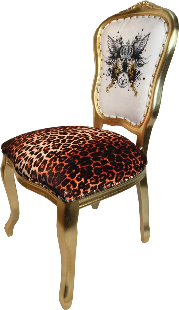 Casa Padrino Luxus Barock Esszimmer Stuhl Pompöös von Harald Glööckler Leopard / Weiß / Gold mit Glitzerkrone & Engelsflügeln - 50 x 60 x 104 cm
